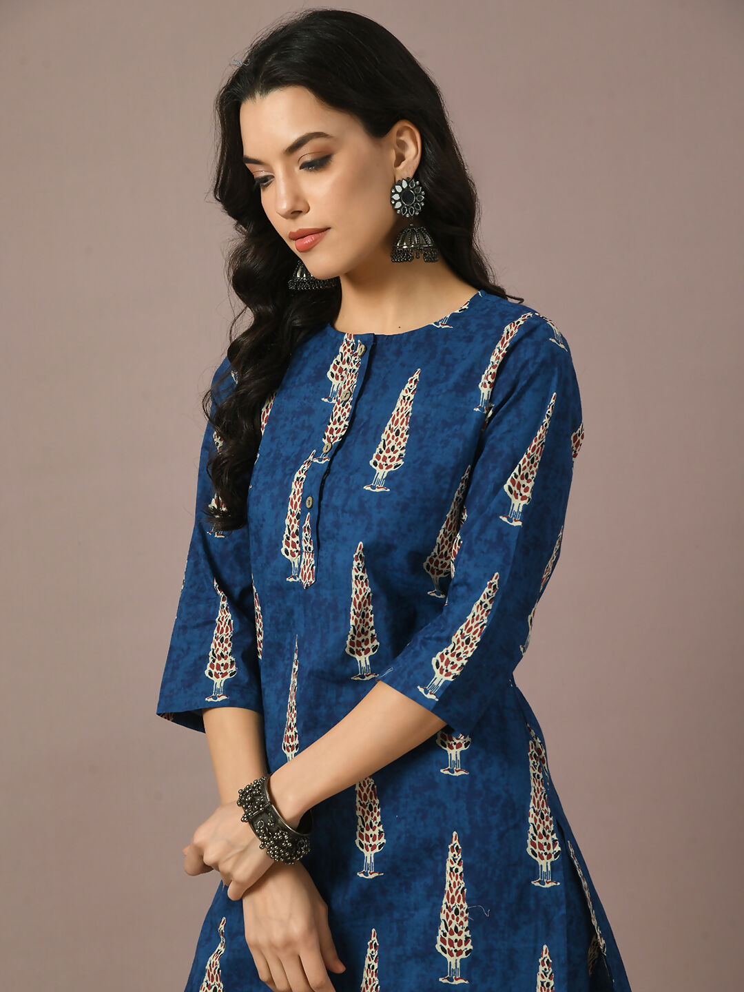 Myshka Women's Blue Printed Cotton Round Neck Party Tunic With Trousers Co-ord set - Swadesiicart