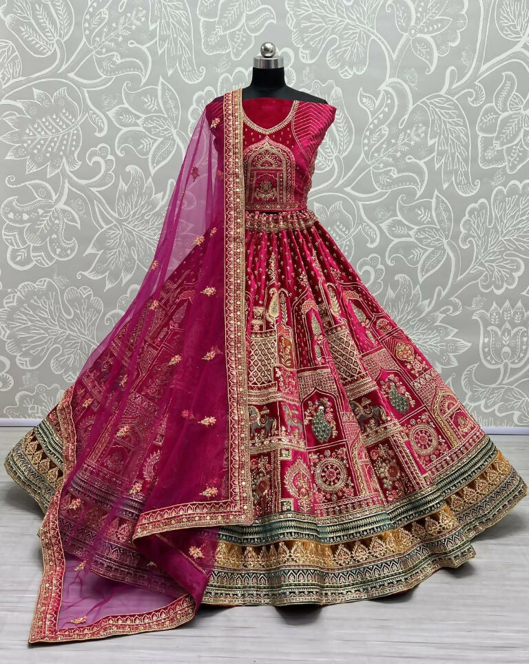 Jyoti Fashion Women's Rani Pink Velvet Fancy Dori & Sequins with Multi Thread Embroidered with Diamond Work Wedding Lehenga Choli | Swadesiicart