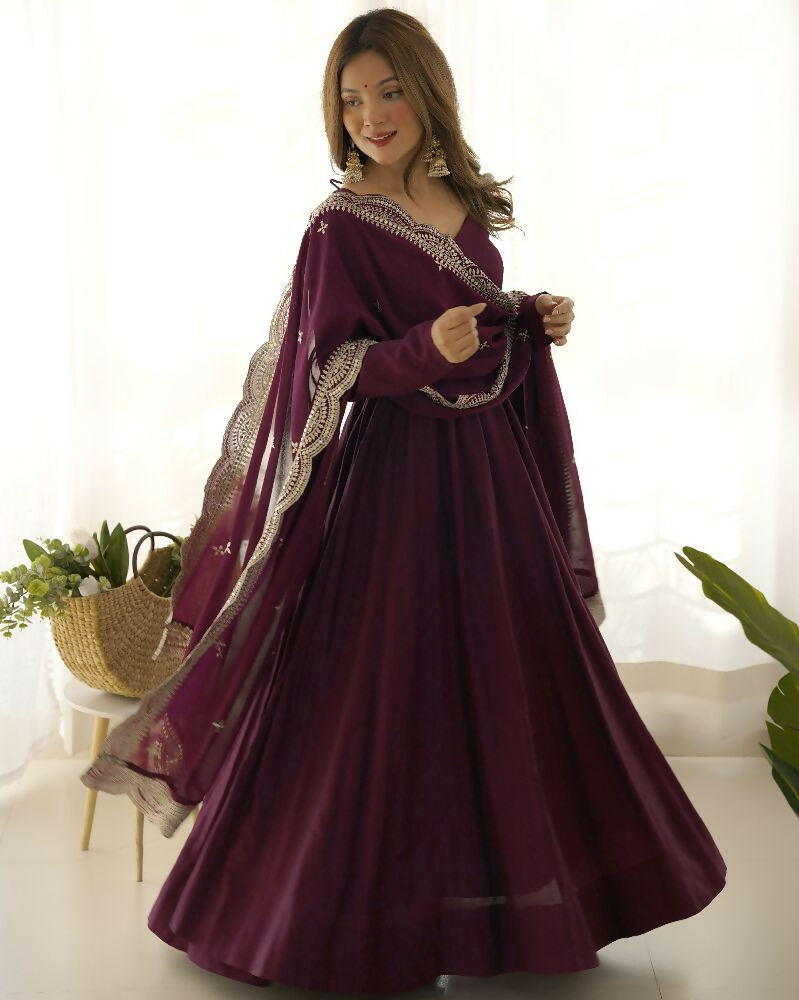 Joban Fashion Wine Kurta Set Chanderi Sequence Embroidery Work - Swadesiicart