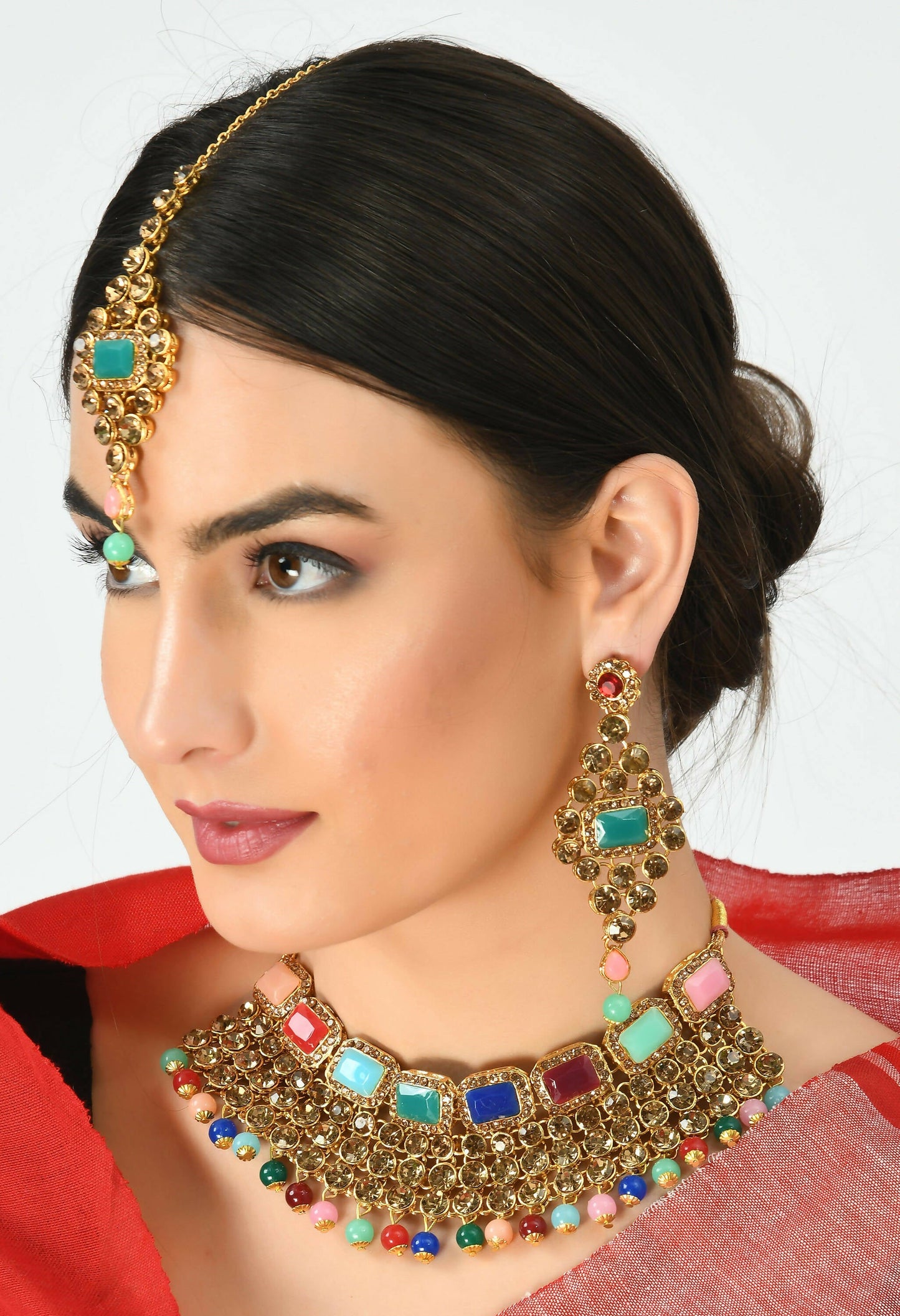 Mominos Fashion Johar Kamal Gold-Polished Rajwadi Design Heavy Multi Color Necklace Set For Women - Swadesiicart
