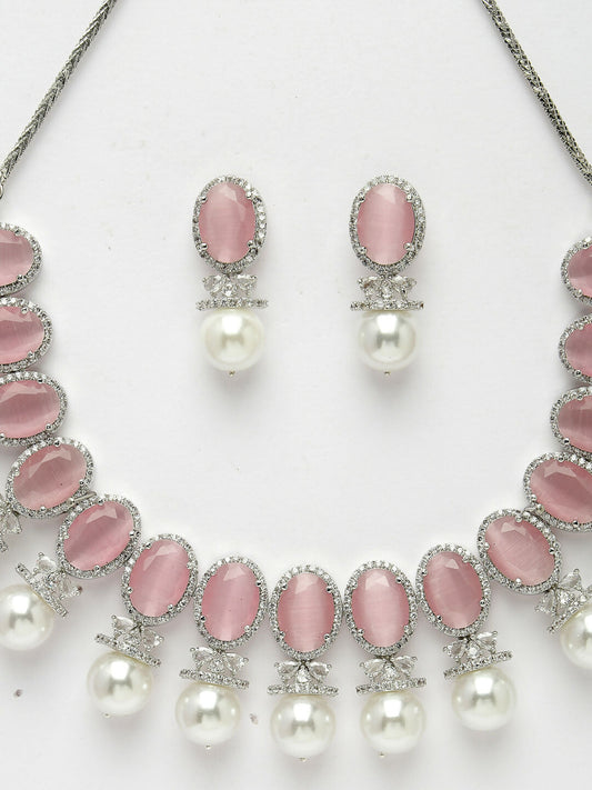 NVR Women's Silver-Plated Pink American Diamond Studded Handcrafted Jewellery Set - Swadesiicart