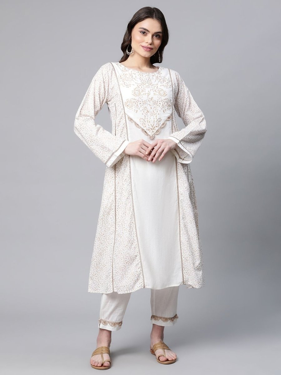 Ahalyaa Women Off White Colour Pure Cotton Printed Kurta Pant Set | Swadesiicart