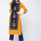 Aniyah Rayon Block Printed Straight Kurta In Mustard And Blue (AN-119K) - Swadesiicart