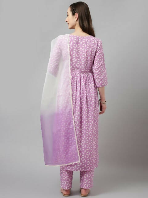 FIORRA Women's Lavender Lurex Cotton Flared Kurta Pant With Dupatta - Swadesiicart