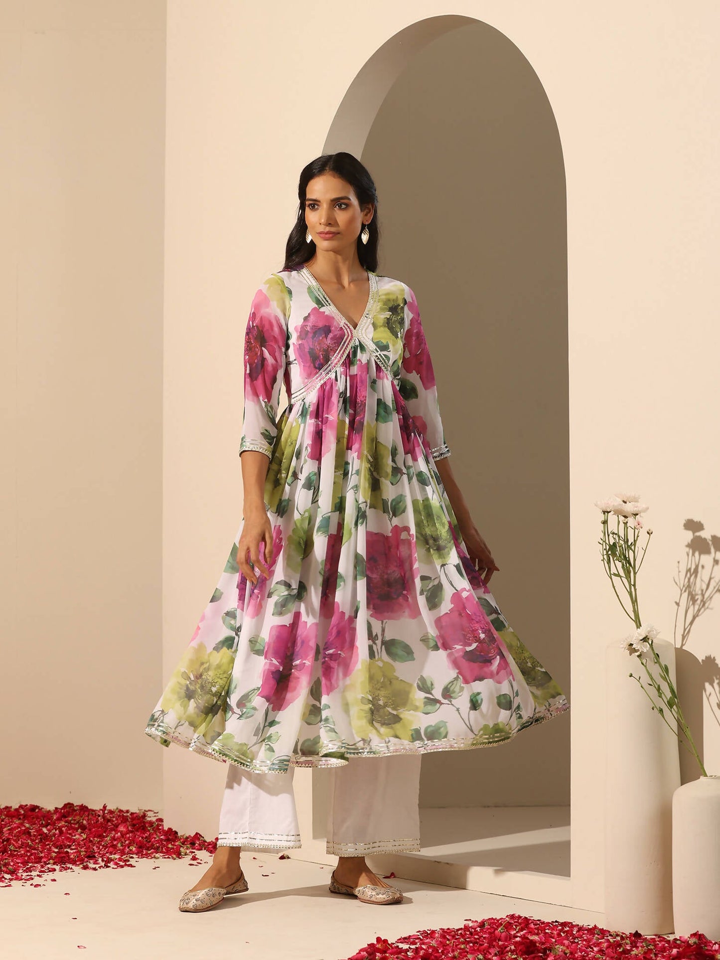Pomcha Jaipur White Gul Gulistan Anarkali Set | Swadesiicart