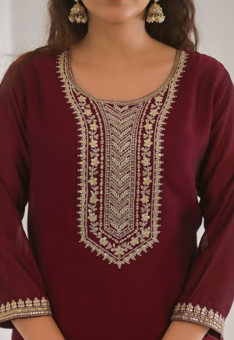 Ethnic Festive Wear Vichitra Silk Wine Stitched Suit With Dupatta - Tanisha | Swadesiicart