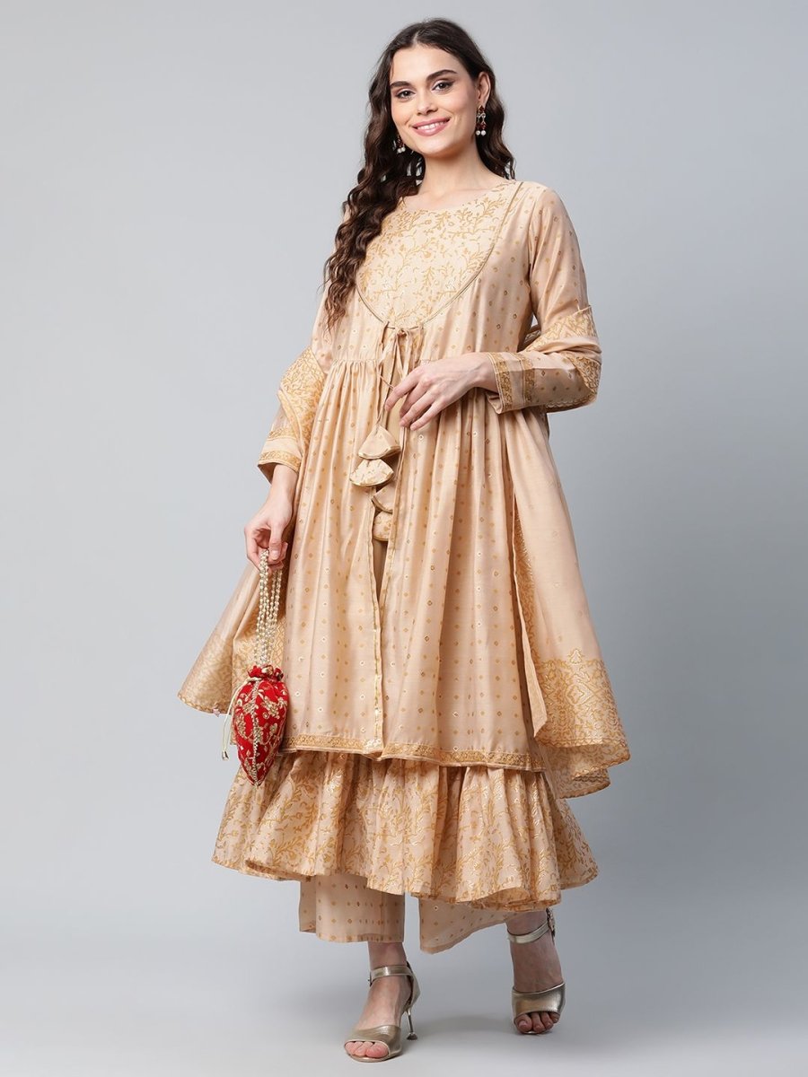 Ahalyaa Womens Beige Chanderi Kurta Palazzo Set with Dupatta | Swadesiicart