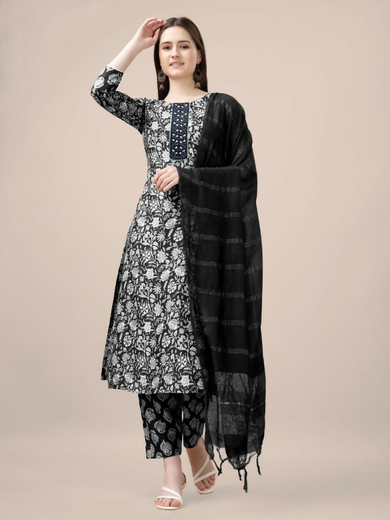 Jyoti Fashion Women's Black Rayon Print with Embroidery & Fancy Lace Work Kurta with Trouser & Dupatta | Swadesiicart
