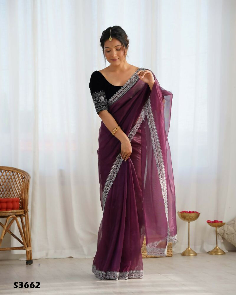 Attrctive Looking Gold Jari, Sequance Embroidery Work Twill Net Party Wear Saree - Wine