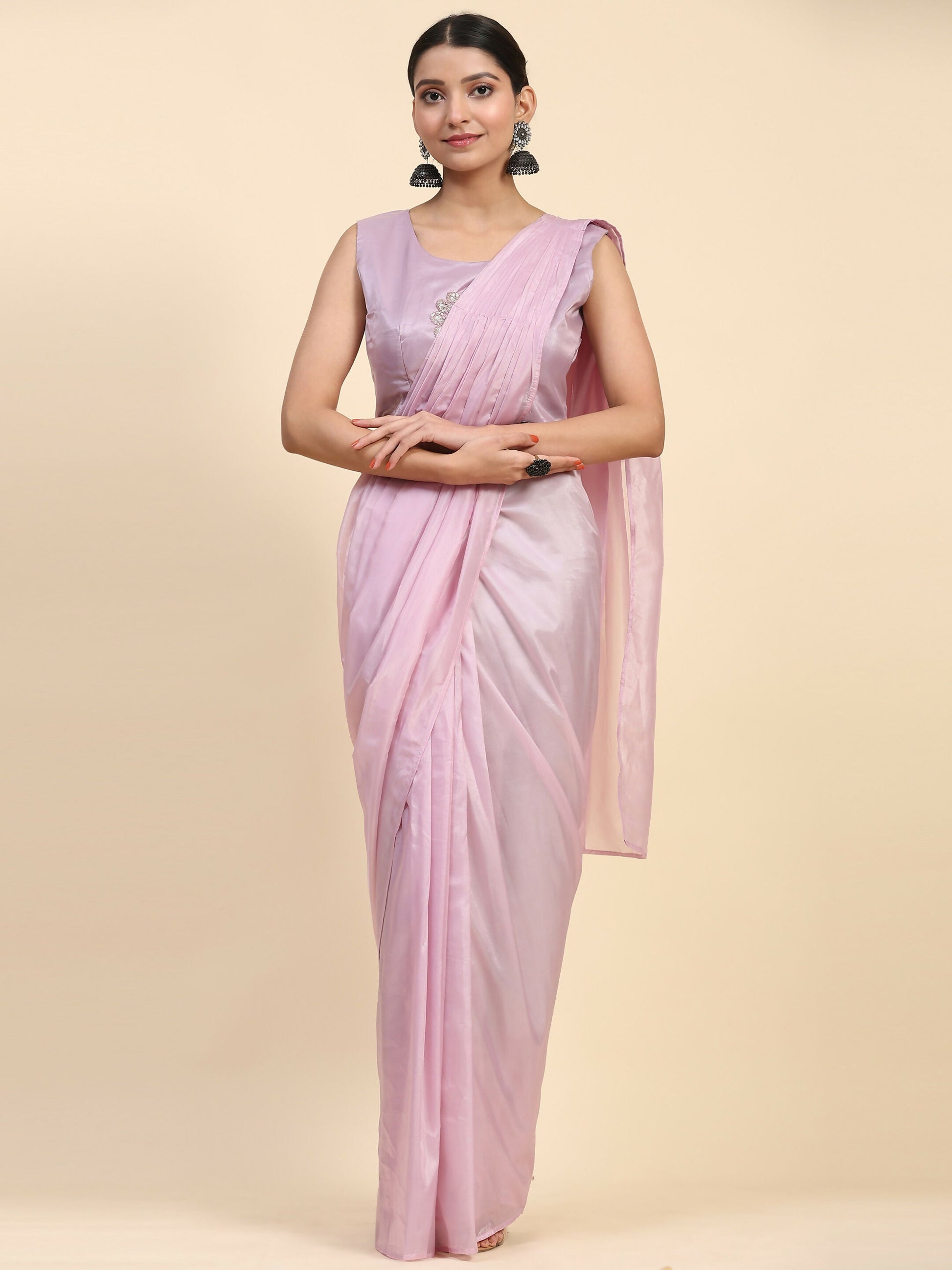 Light Lavendar Satin Solid Ready to wear Saree with stitched Blouse - Vanita | Swadesiicart
