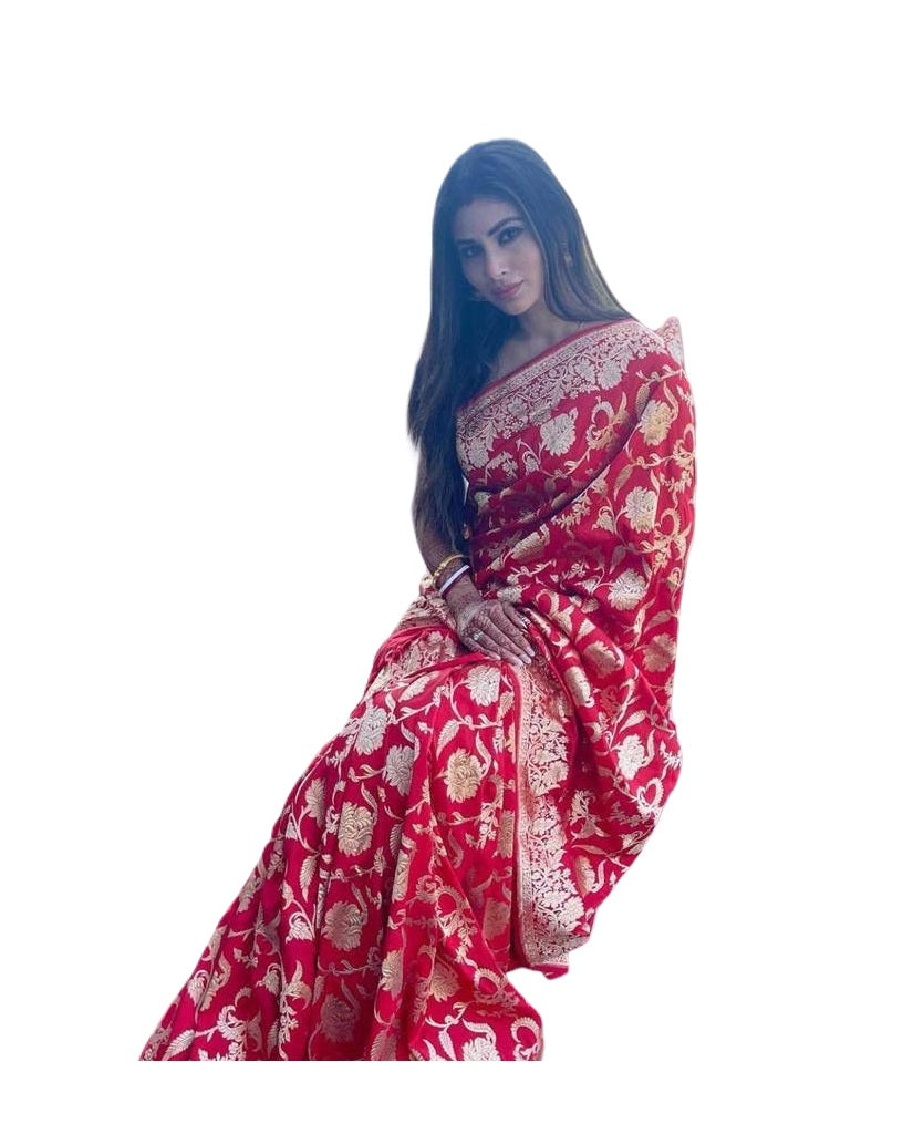 Vamika Weaving Banarasi Jacquard Red Kanjivaram Saree | Swadesiicart