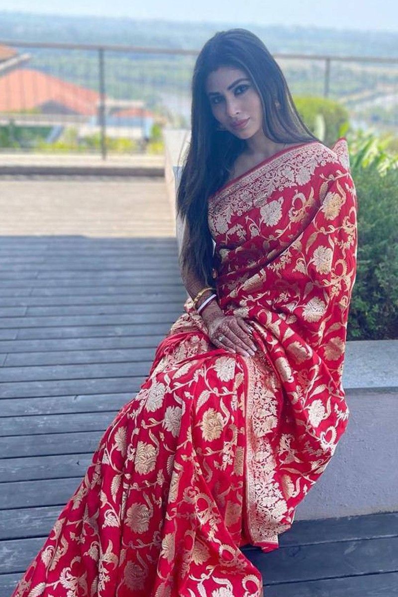 Vamika Weaving Banarasi Jacquard Red Kanjivaram Saree | Swadesiicart