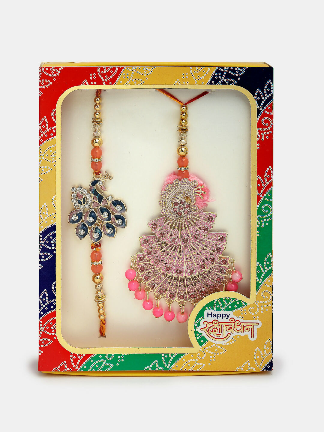 NVR Women & Men Set of 2 Multicolor Peacock Design Stone-Studded & Beaded Bhaiya Bhabhi Rakhi With Roli Chawal & Chocolate | Swadesiicart