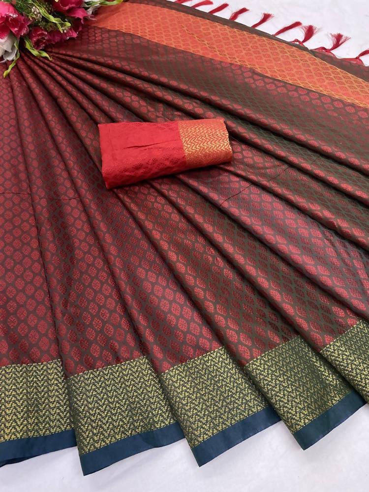 Vamika Banarasi Jacquard Weaving Red Color Saree | Swadesiicart