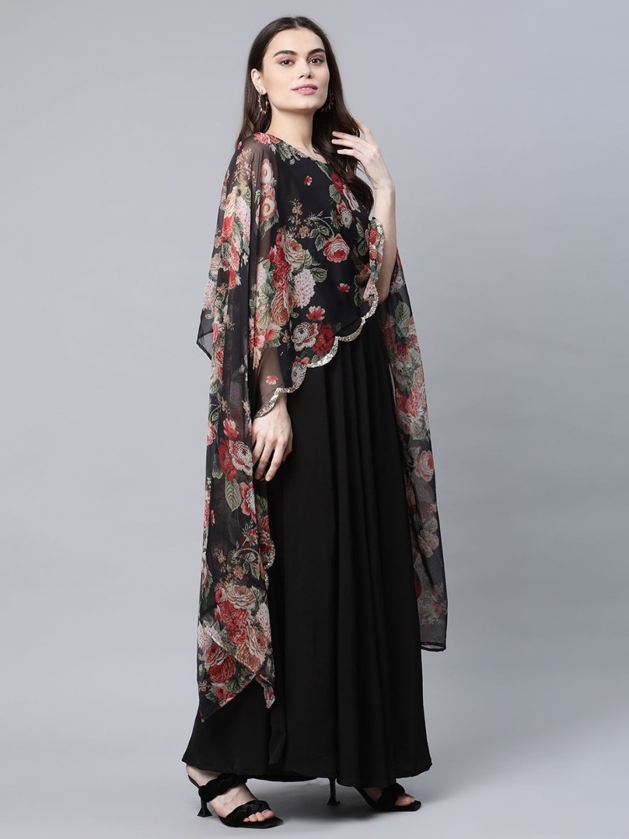 Ahalyaa Women Black Crepe Dress With Attached Dupatta | Swadesiicart