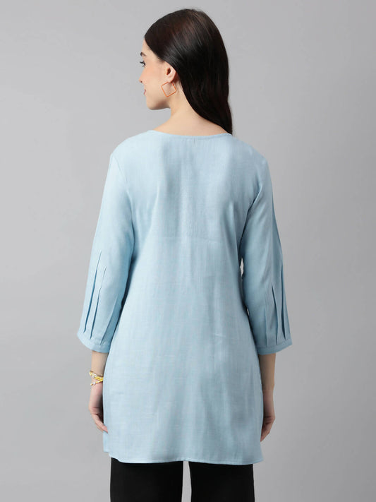 Light Blue Rayon Yoke Embroidered A-line Top - Tarini - Swadesiicart