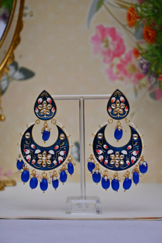 Royal Blue Gold-Polished Brass & Pearl Dangle Women Earrings| Hand Painted Meenakari Chandbali Traditional Ethnic Wear Earrings By House of Ree - Swadesiicart