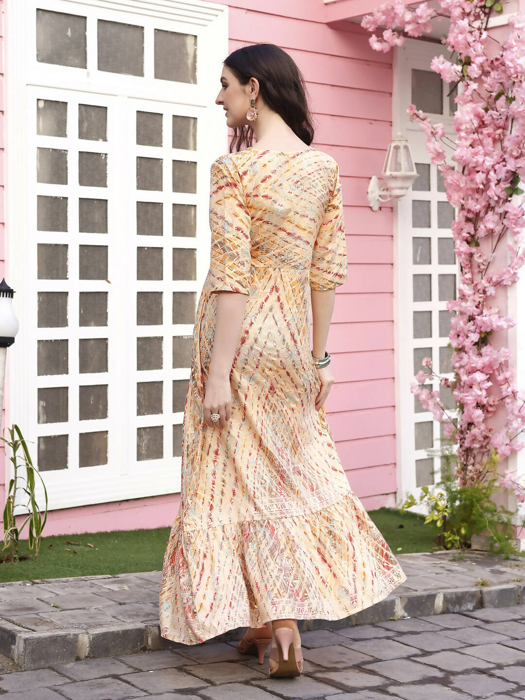 Peach Rayon Foil Printed Long Dress - Michan | Swadesiicart