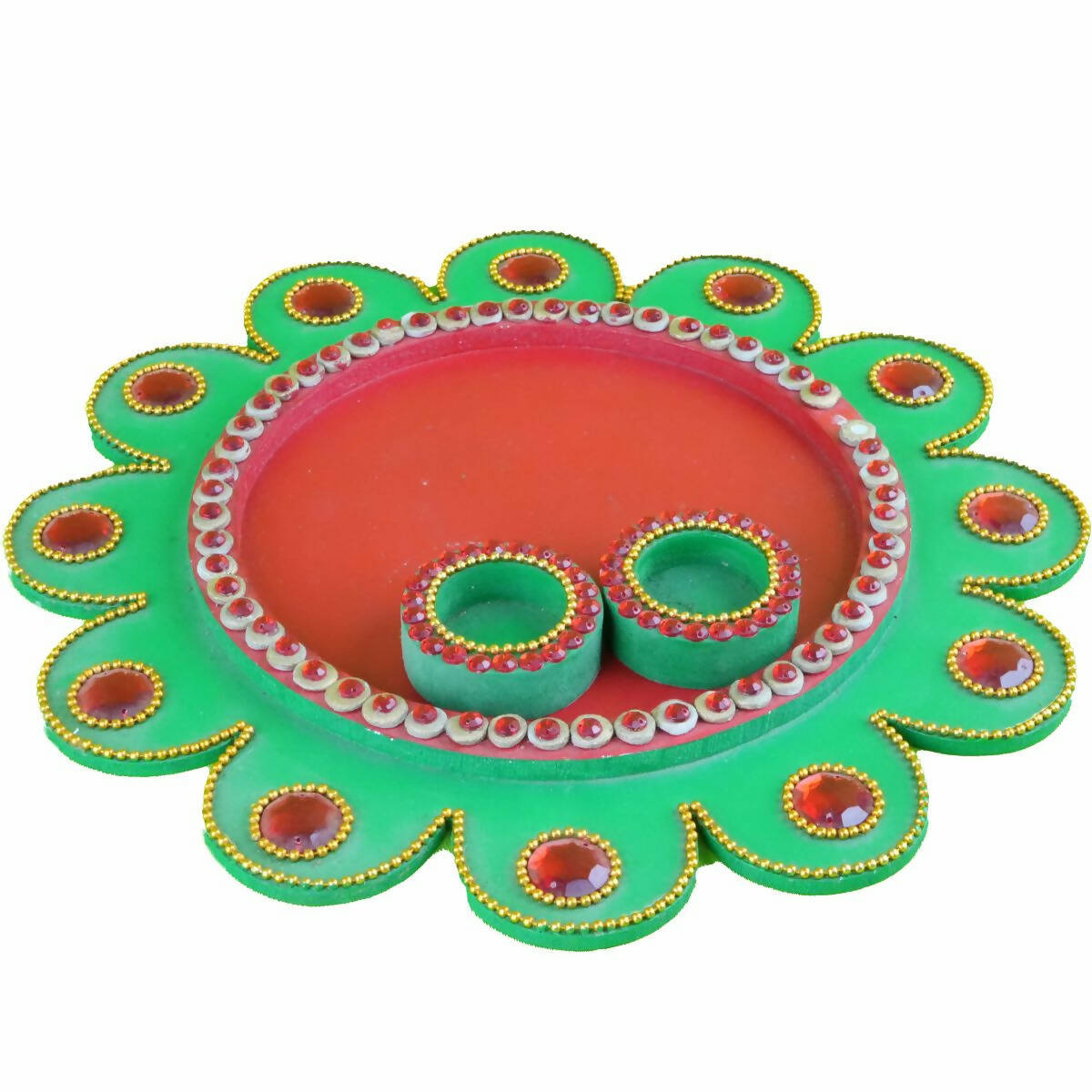 Kundan HandiKrafts Mdf Flower Pooja Thali - Green 01 | Swadesiicart