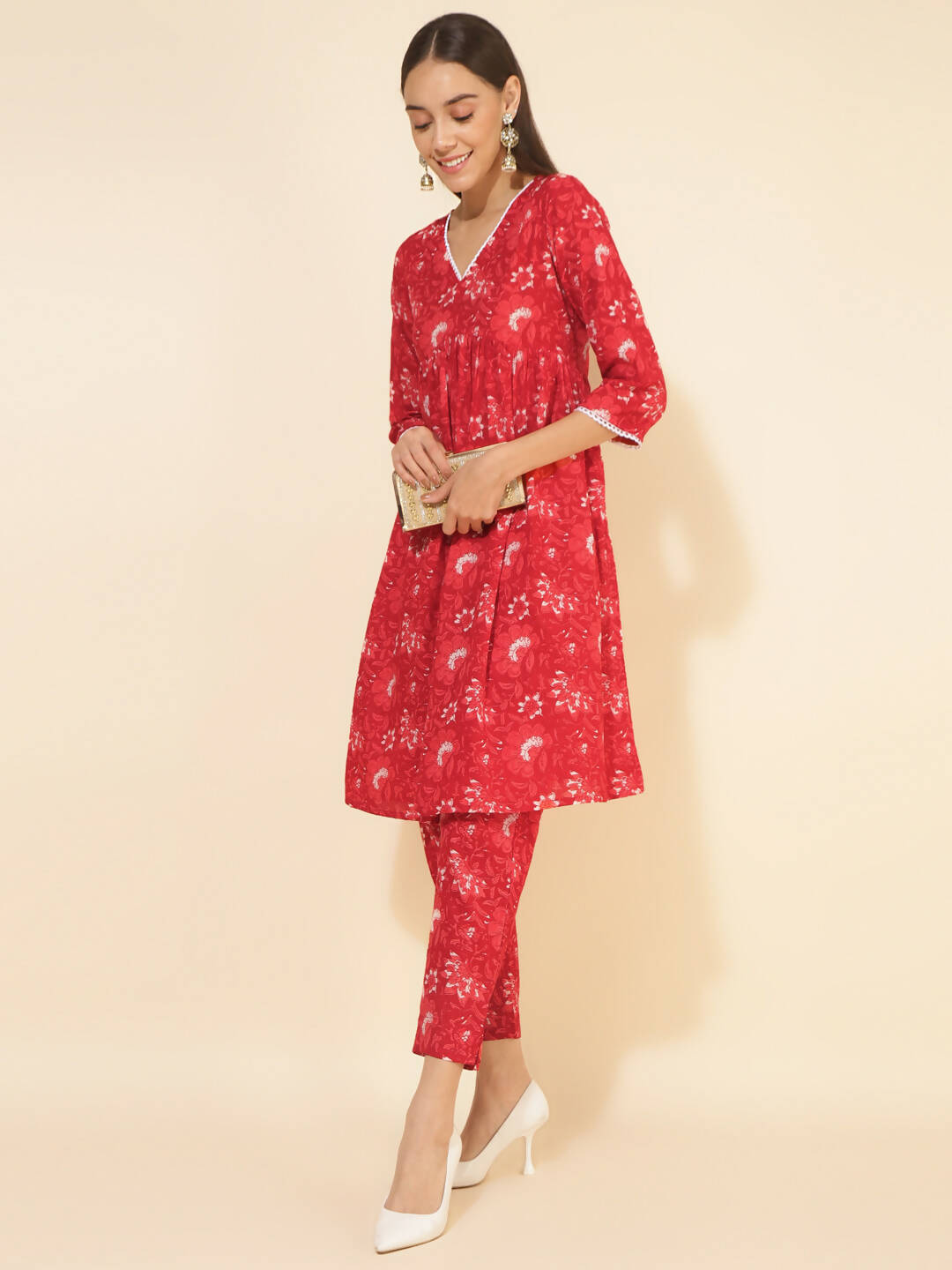 Janasya Women's Red Cotton Floral Printed Casual Flared Co-ords - Swadesiicart