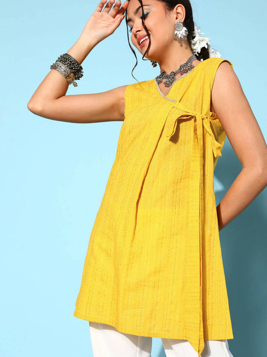 Ahalyaa Women Mustard Cotton Fluid Tie-Up Tunic | Swadesiicart