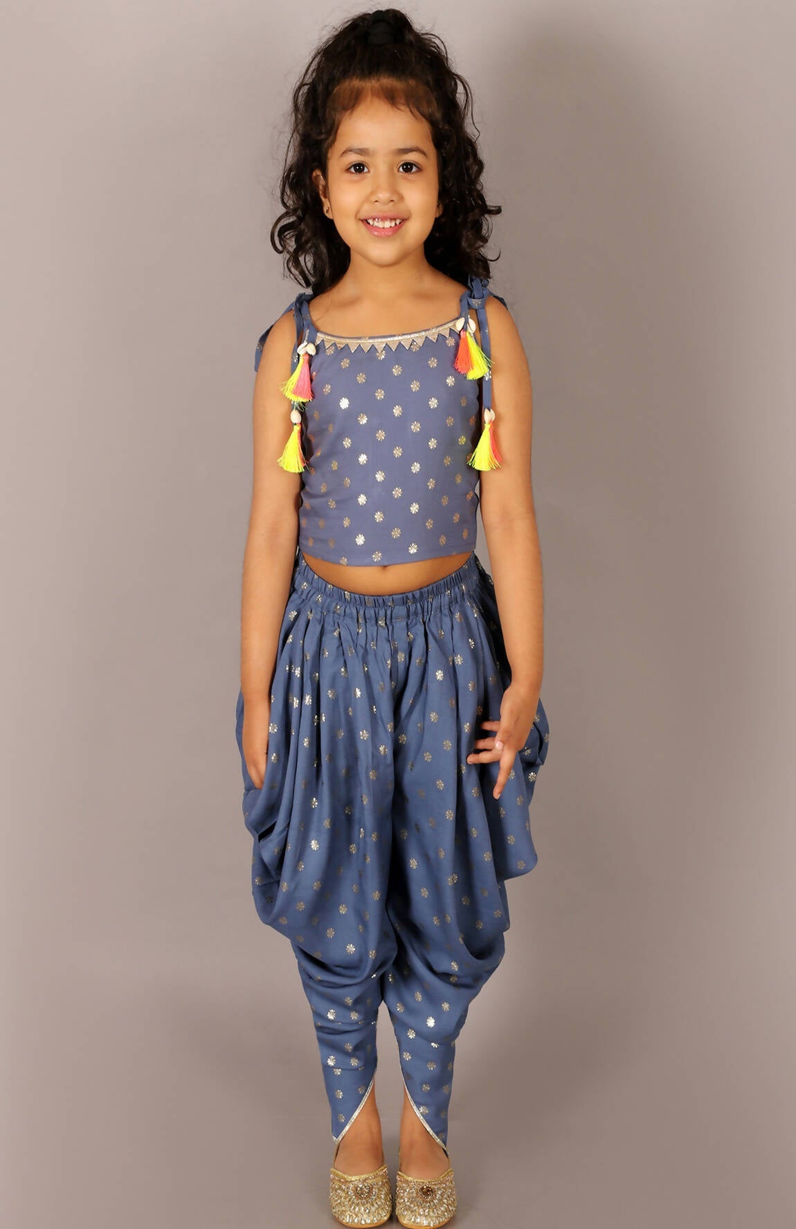 Lil Drama Fusion Fair Girls Blue Crop Top With Dhoti Co-Ordinate Set - Swadesiicart