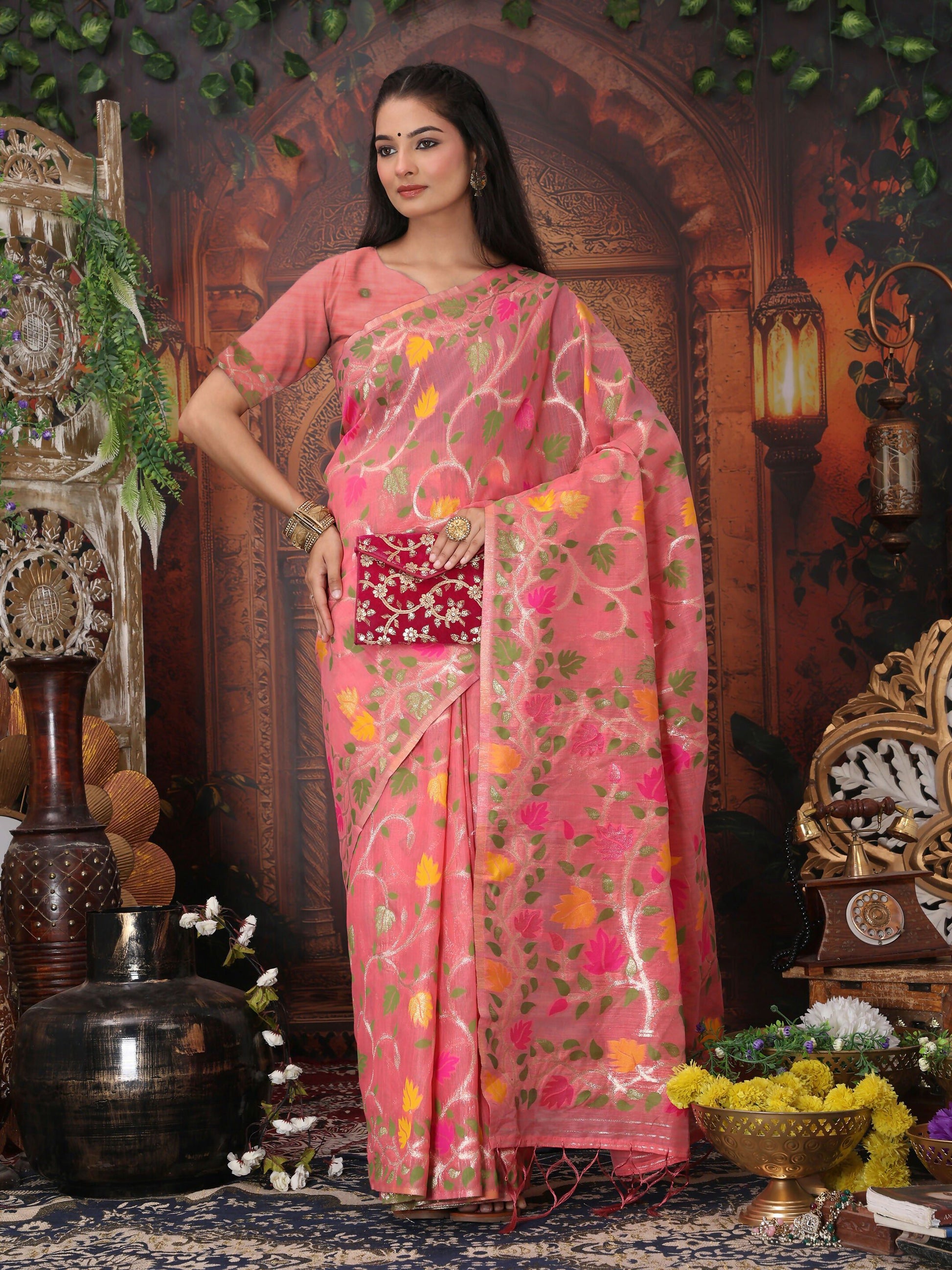 Shree Shyam Fashion Linen Cotton Pink Saree