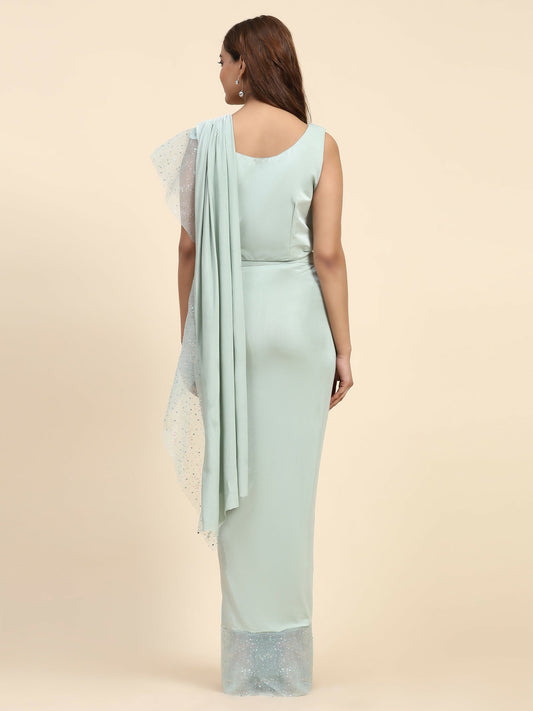 Light Blue Lycra Solid Ready to Wear Saree with stitched Blouse - Nita | Swadesiicart