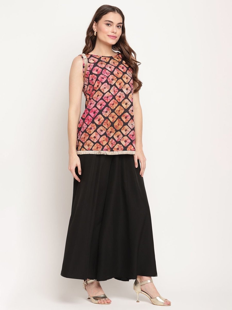 Ahalyaa Women's Black Crepe Digital Shibori Print Top Palazzo Set | Swadesiicart