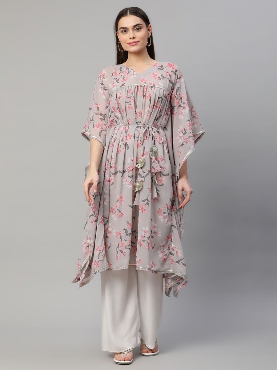 Ahalyaa Women Grey Georgette Floral Printed Kaftan Kurta | Swadesiicart
