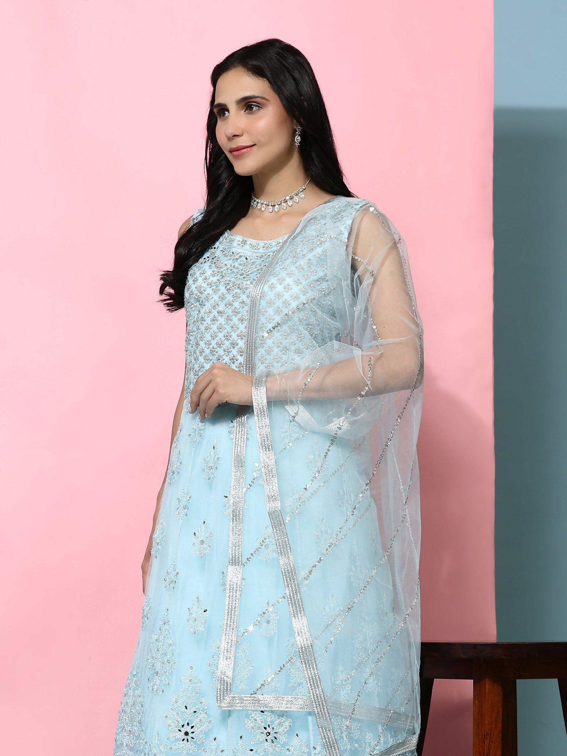 Blue Net Hand Embroidered Gown - Rudrani