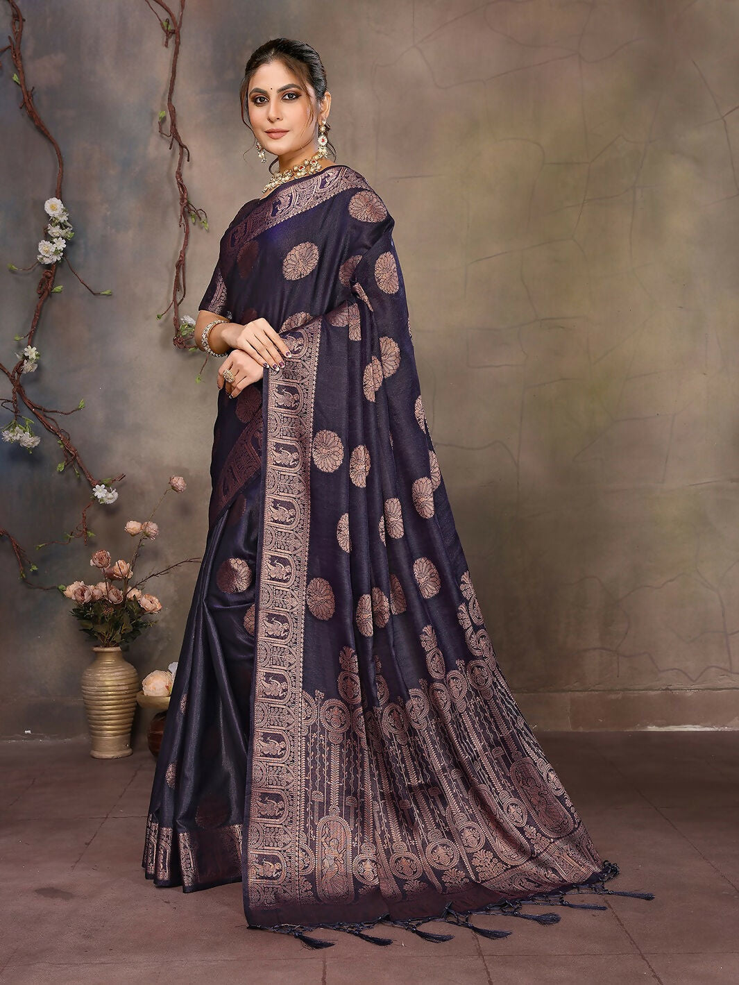 Joban Fashion Navy Blue Woven Jacquard Banarasi Silk Sarees | Swadesiicart