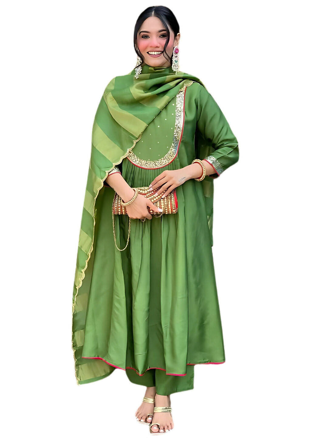 The52 Light Green Women's Gorgeous Embroidered Work Chanderi Fabric Flared Kurta Pant and Dupatta Set - Swadesiicart