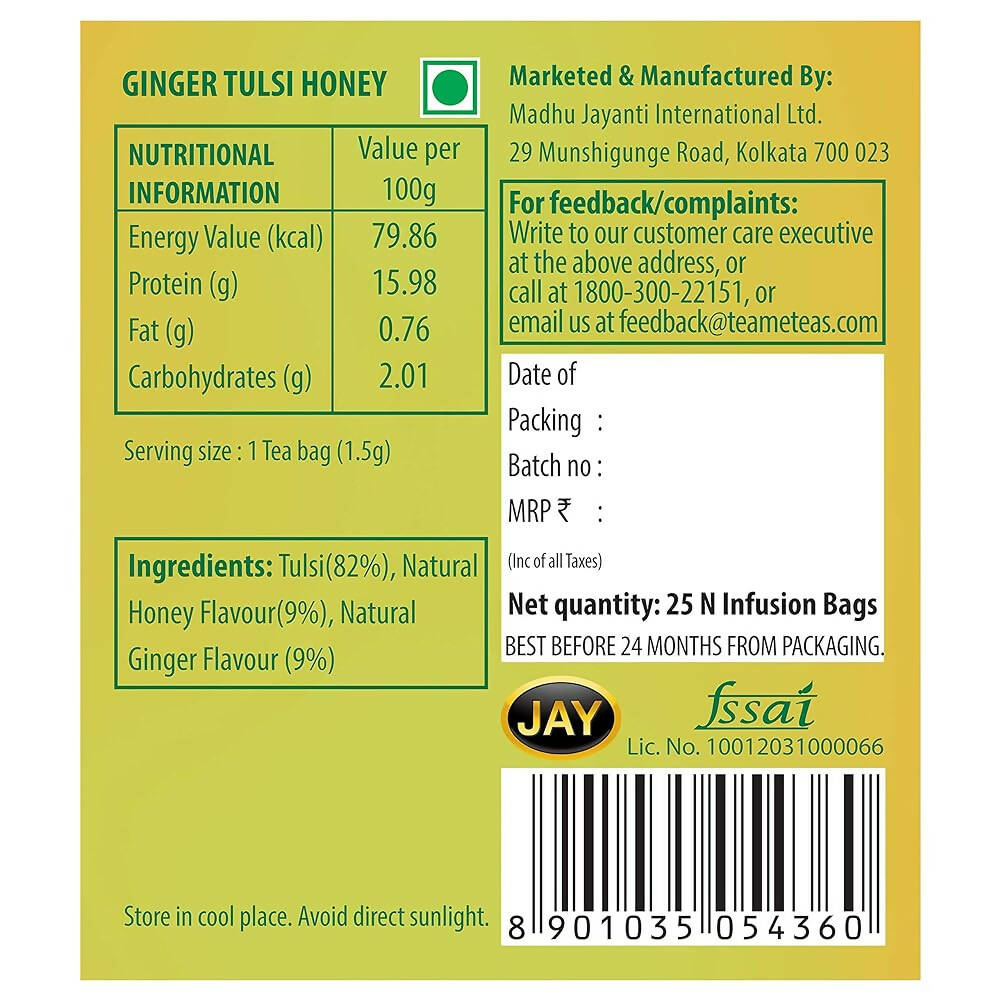 TE-A-ME Charge Ginger Tulsi Honey Herbal Infusion Tea Bags - Swadesiicart