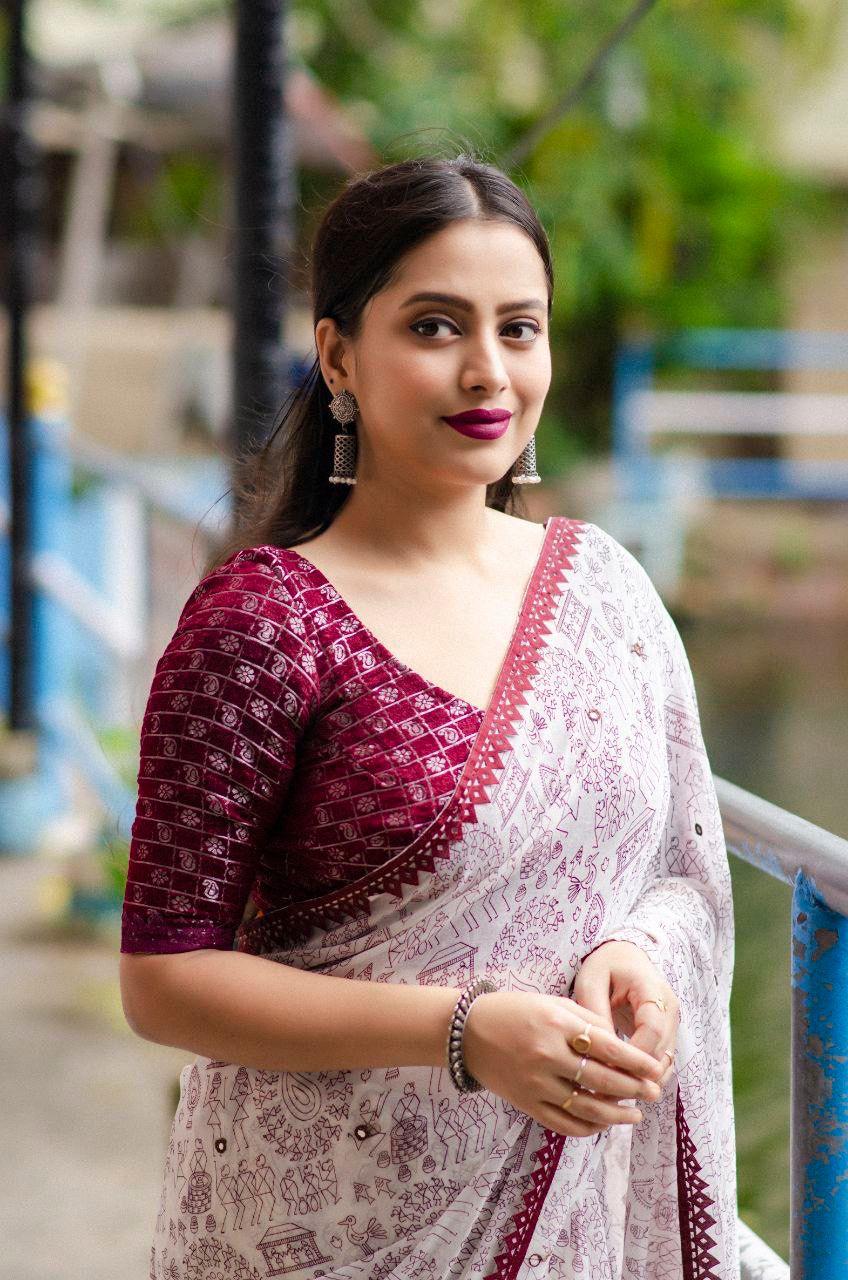 maroon Pure Georgette Warli Saree with Unstitched Blouse - Hiral Fashion | Swadesiicart