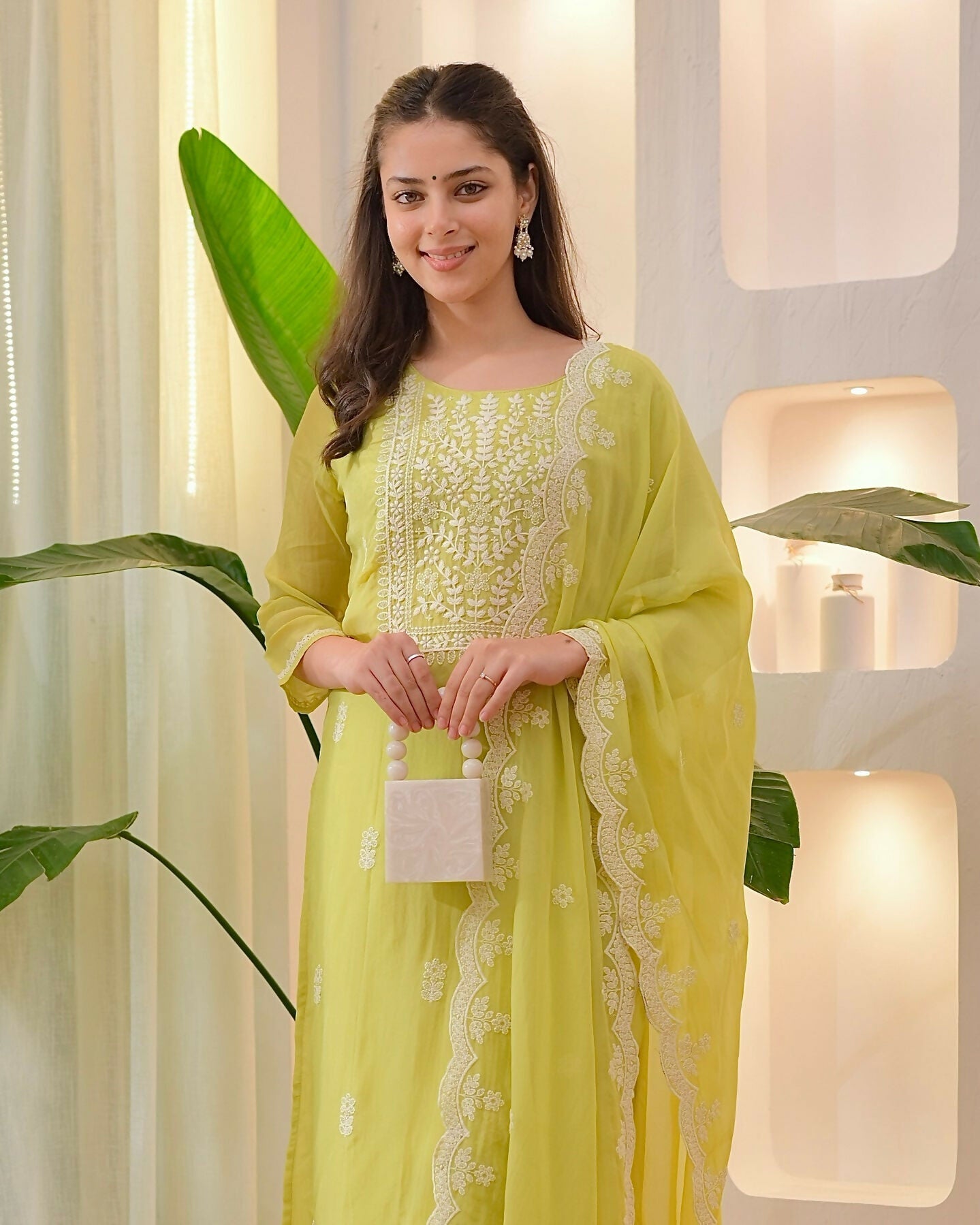 The52 Lemons Women's Beautiful Chikankari Work Chanderi Fabric Straight Kurta Pant and Dupatta Set - Swadesiicart