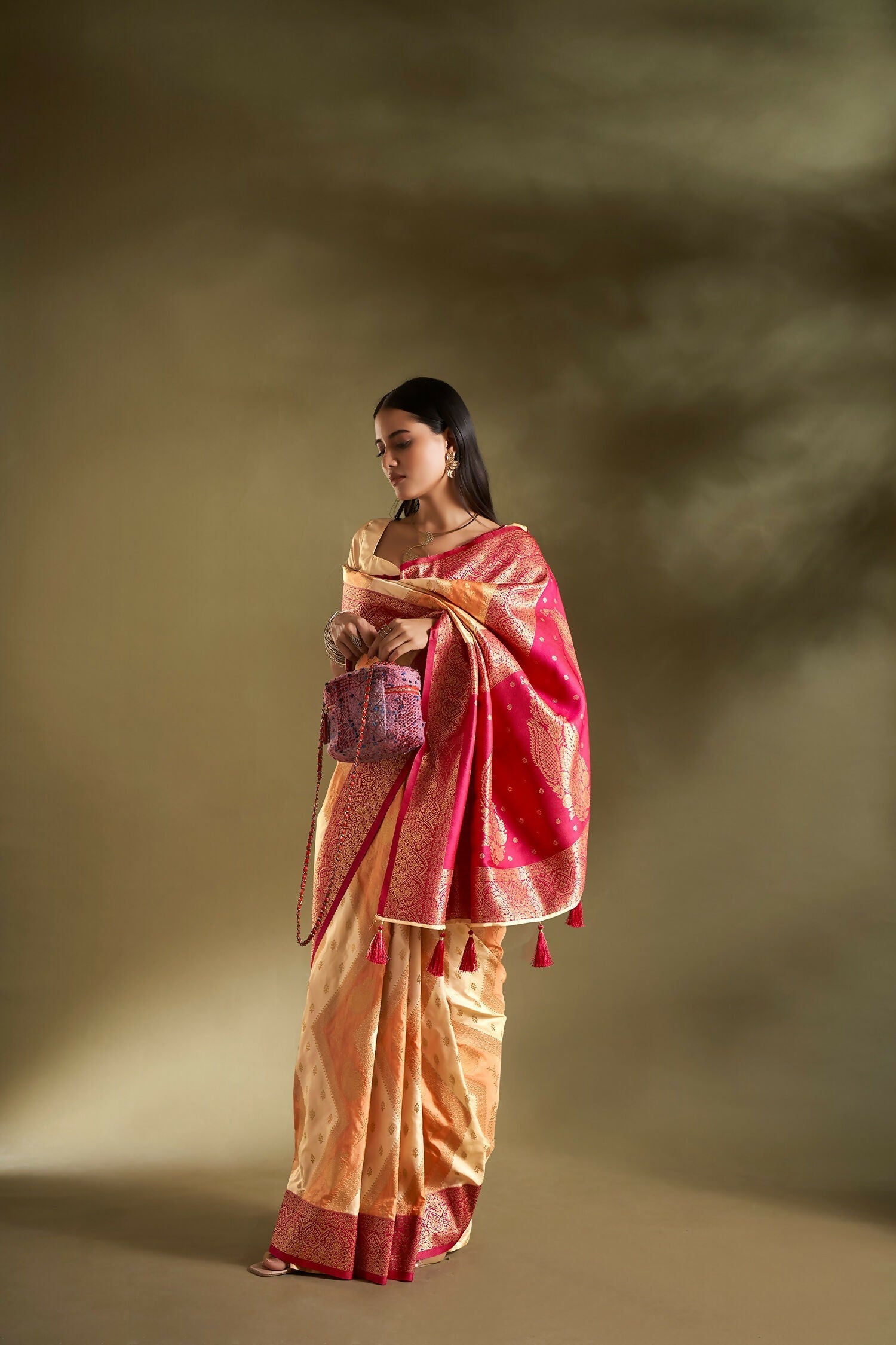 Joban Fashion Cream & Orange Plain With Weaving Border Banarasi Silk Sarees | Swadesiicart