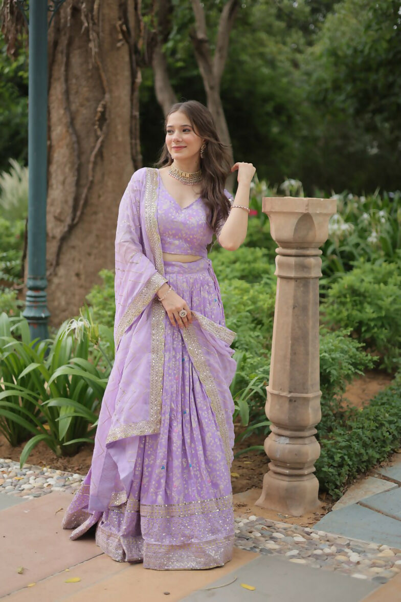 Lorenvalley Lavender Pure Viscose Jacquard with Golden Embroidered Sequins work Lehenga Choli | Swadesiicart