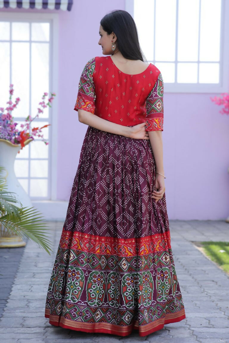 Jyoti Fashion Women's Wine Patola with Foil Print Dola Silk Anarkali Dress | Swadesiicart