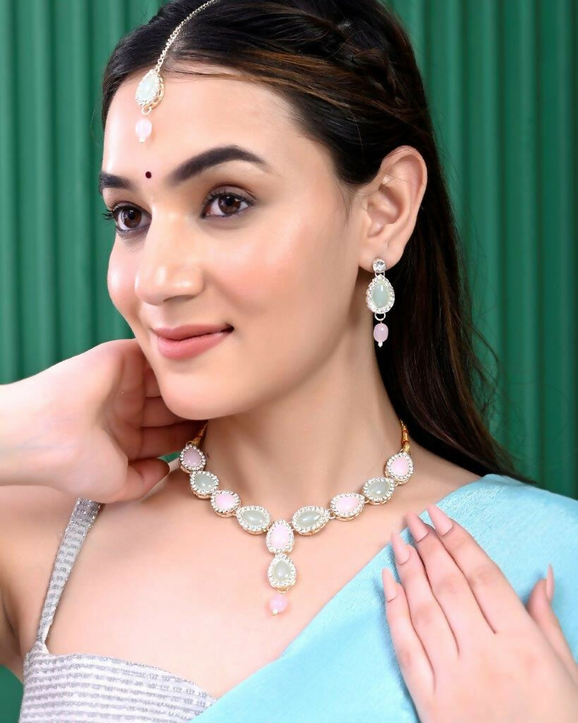 VOJ Gold-Polished Nude Pink And Mint Green Stone Studded Jewellery Set With Maang Tikka - Swadesiicart