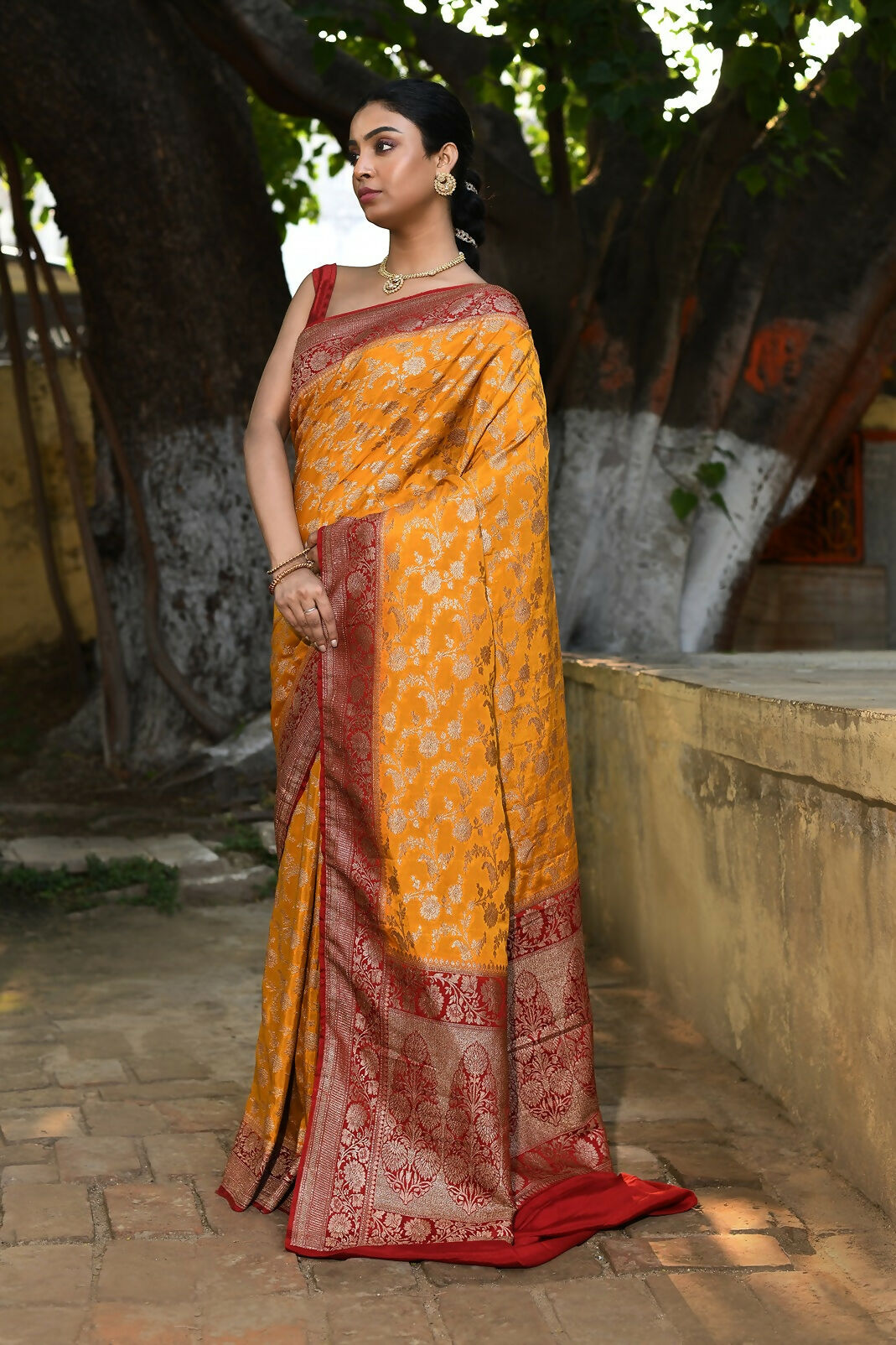 Joban Fashion Gold Crepe Chiffon Pure Handloom Banarasi Silk Saree | Swadesiicart