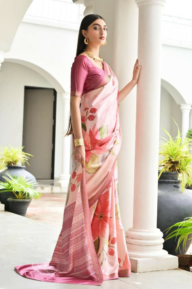 Vishnu Weaves Women's Pink Satin Silk Printed Saree with Blouse - Swadesiicart
