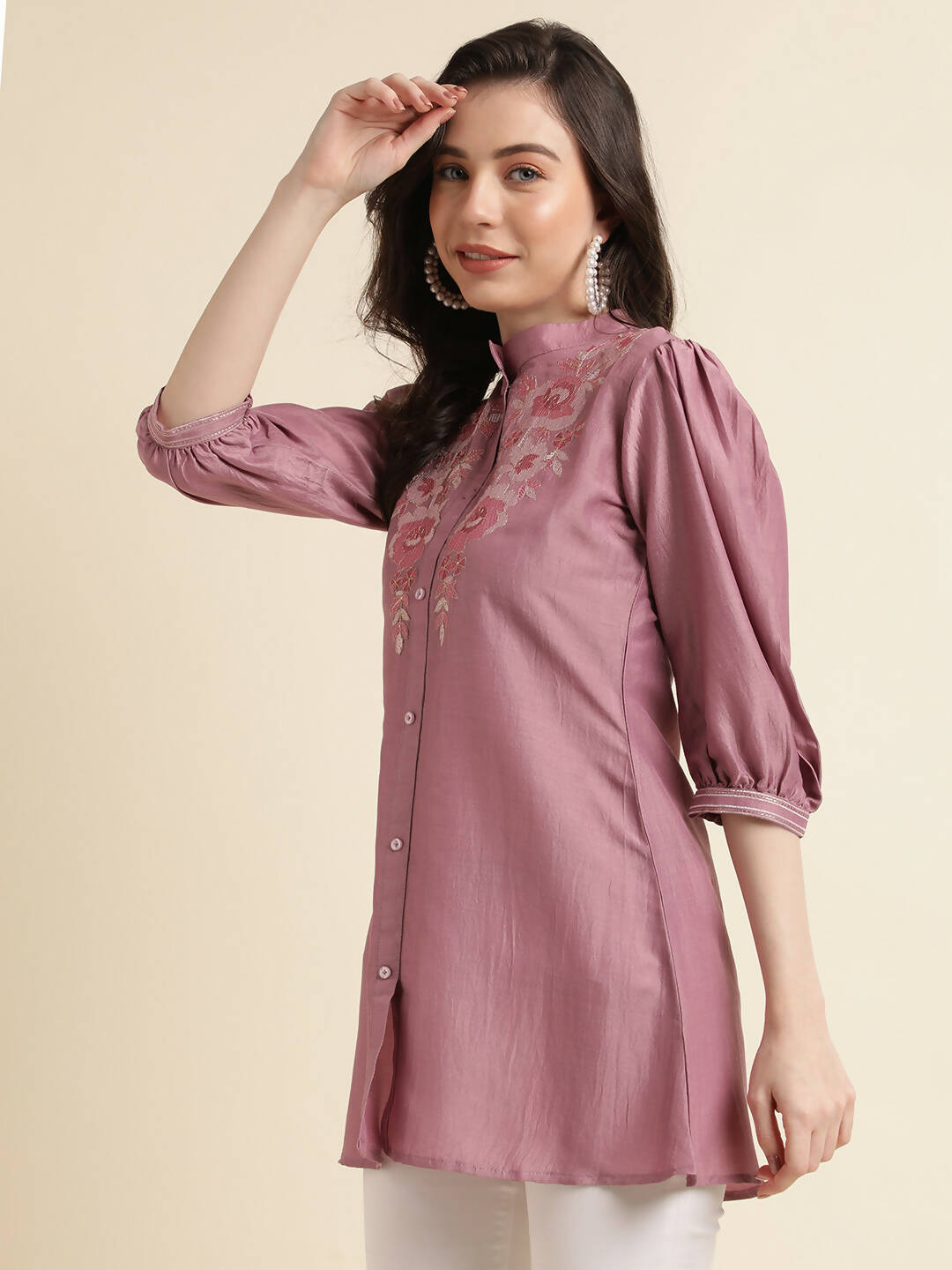 Dust Pink Chinon Yoke Embroidered A-line Top - Tarini - Swadesiicart