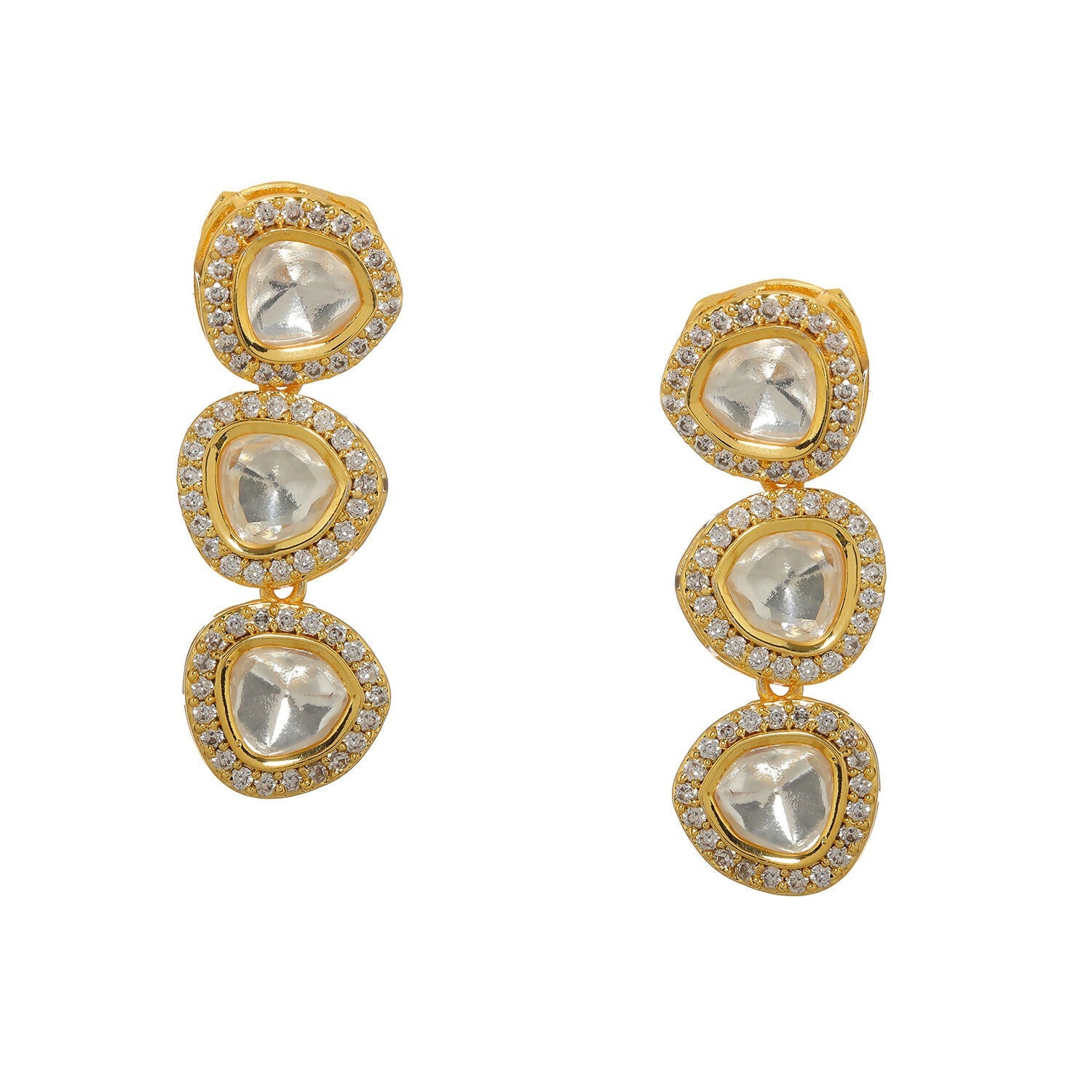 Uncut 3 Tier Kundan Dangler Earrings (Gold) - Ruby Raang - Swadesiicart