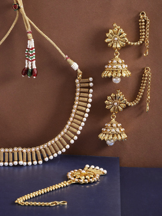 Priyaasi Women White Beads Gold-Polished MaangTika Jewellery Set - Noz2Toz