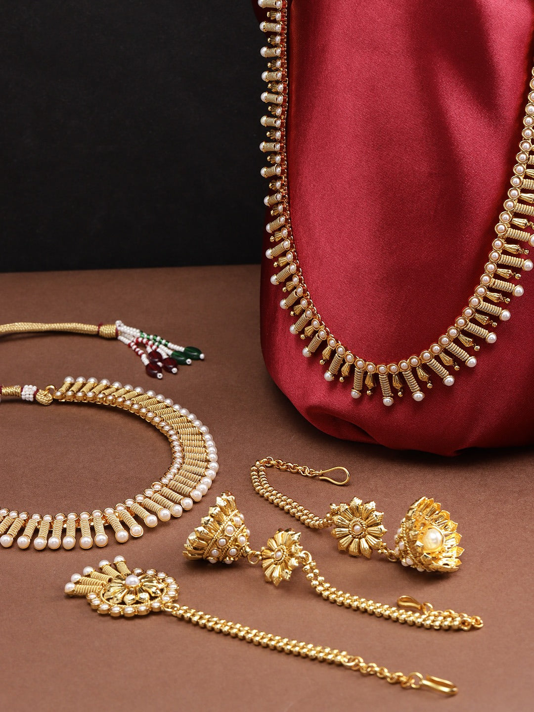 Priyaasi Women 2 Gold-Polished Pearls Necklaces With Jhumki & Maangtika - Noz2Toz