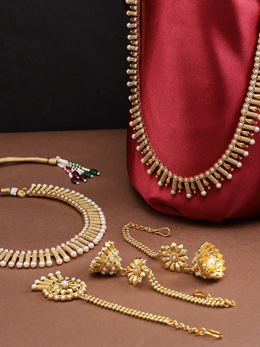 Priyaasi Women 2 Gold-Polished Pearls Necklaces With Jhumki & Maangtika - Noz2Toz