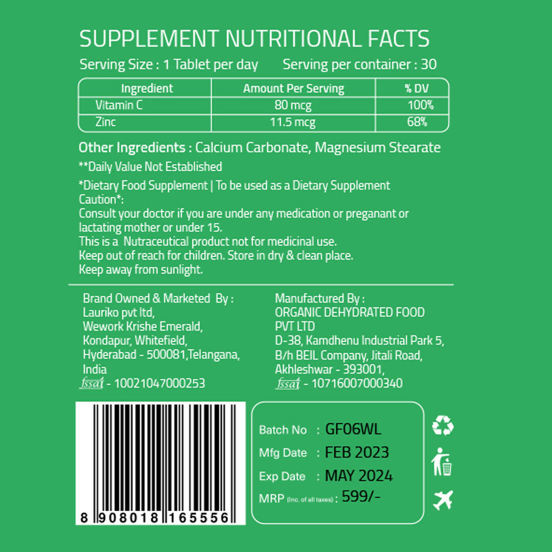 Laurik Plant Based Vitamin C With Zinc Supplements Tablets For Men & Women | Maintain Energy Levels & Boost Immunity | Swadesiicart
