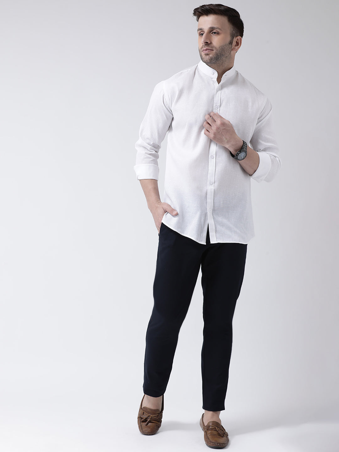RIAG White Men's Chinese Collar Full Sleeves Shirt | Swadesiicart