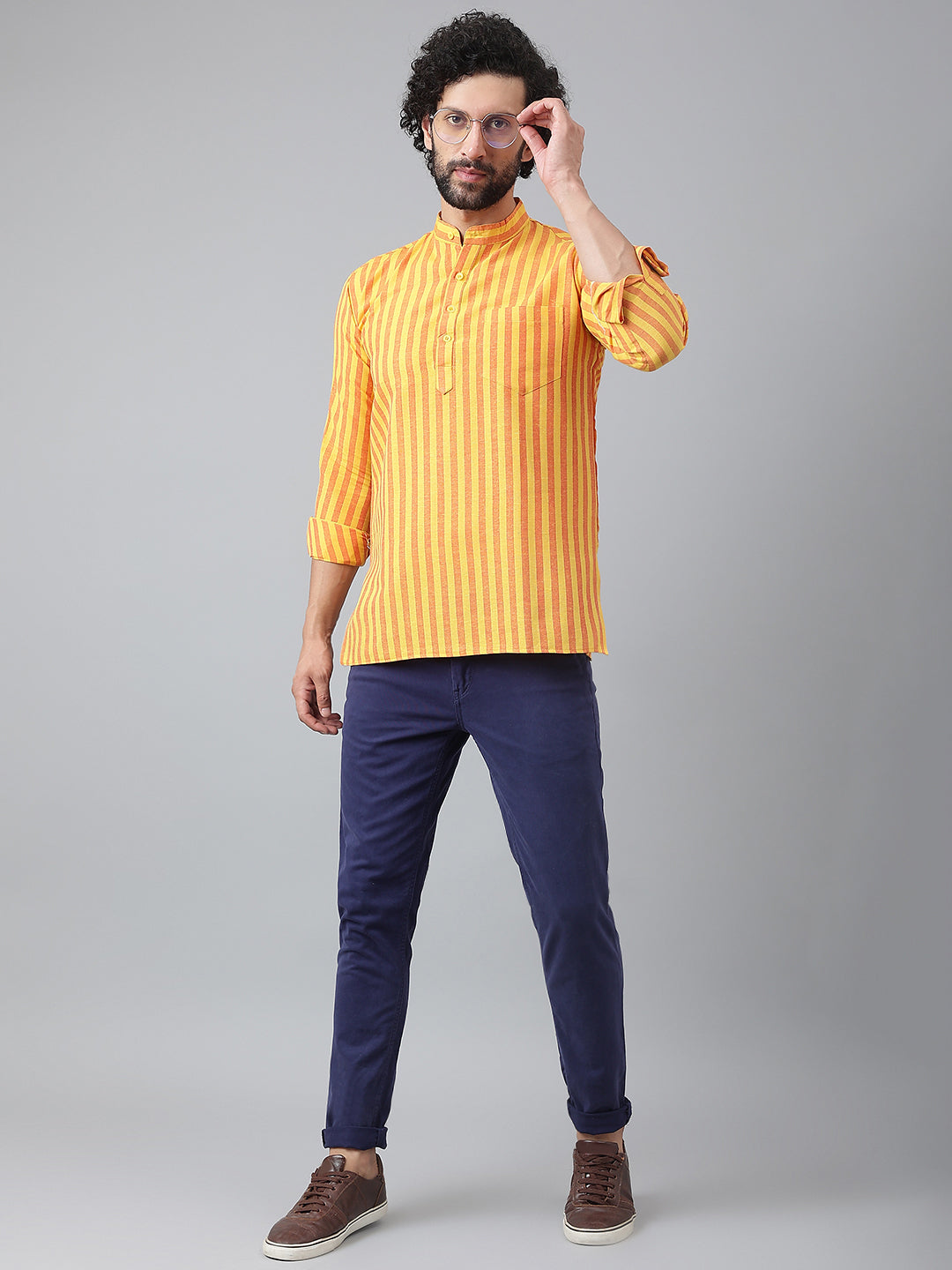 RIAG Yellow Color Long Sleeves Casual Men's Cotton Short Kurta | Swadesiicart